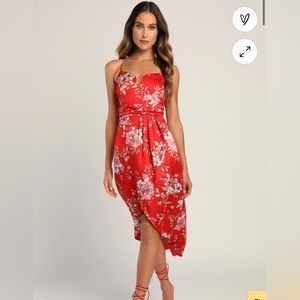 🆕 NWT My Favorite Day Red Floral Print Tulip Skirt Midi Dress